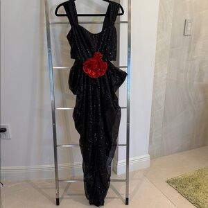Glamorous Black Sequin One Shoulder Dress with Red Detail